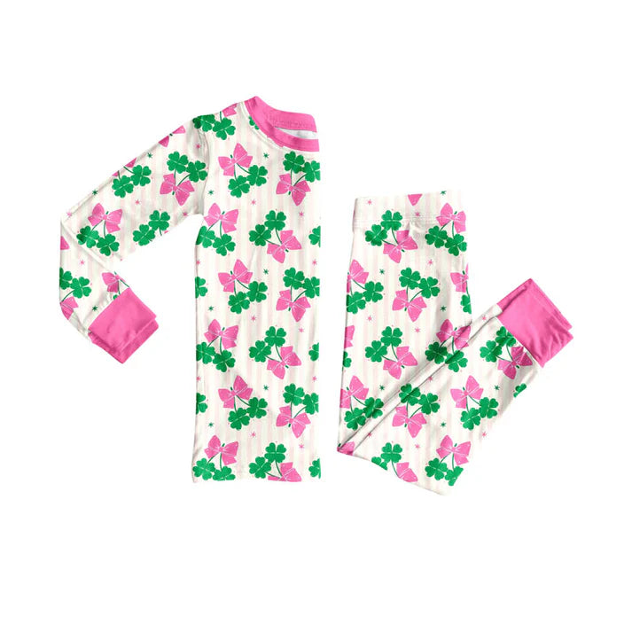 Preorder (moq 8)Baby Girls Clovers Butterfly Top Pants St Patrick Pajamas Sets 9.22