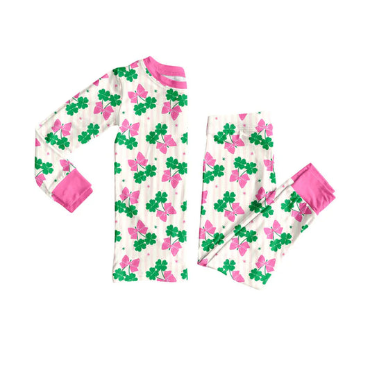 Preorder (moq 8)Baby Girls Clovers Butterfly Top Pants St Patrick Pajamas Sets 9.22