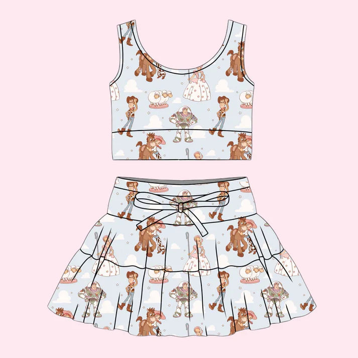 Preorder (moq 5)Baby Girls Cartoon Men Donkey Vest Top Skirt Shorts Clothes Set 1.7
