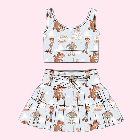 Preorder (moq 5)Baby Girls Cartoon Men Donkey Vest Top Skirt Shorts Clothes Set 1.7