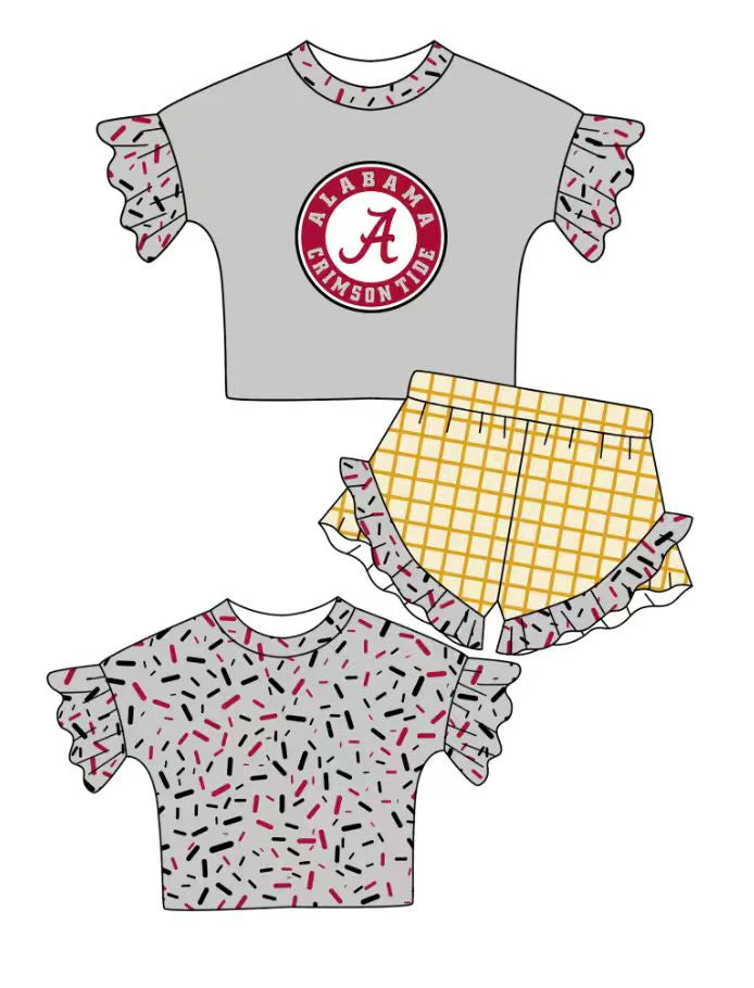 Preorder (moq 5)Baby Girls Grey Sprinkles A Top Checked Ruffle Shorts Team Clothes Set 1.10