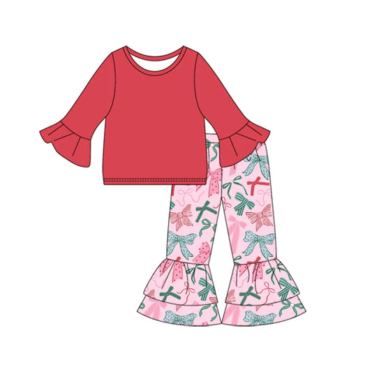 Preorder (moq 5)Baby Girls Red Long Sleeve Top Bows Ruffle Pants Sets 8.29