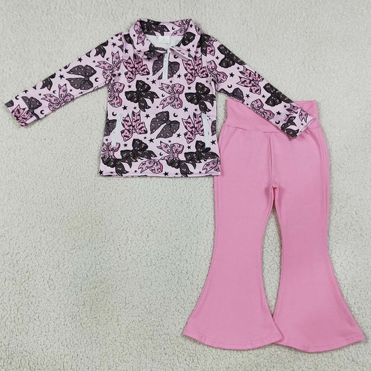 Baby Girls Clothes Bats Bows Zip Pockets Pullover Bell Bottom Pant Halloween Clothes Set GLP3507