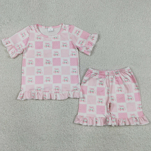 Baby Girls Clothes Short Sleeve Pink Bows Strawberry Checked Top Ruffle Short Clothes Sets GSSO3342