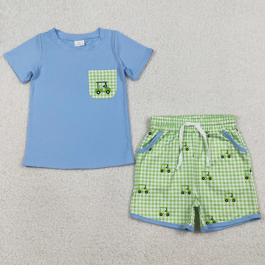 Baby Boys Clothes Embroidery Golf Trucks Pockets Top Checked Shorts Clothes Sets BSSO1672 1.12
