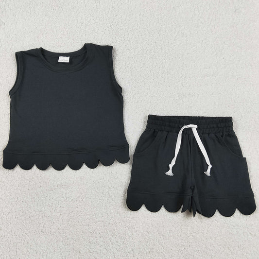 Baby Girls Clothes Black Sleeveless Top Pockets Shorts Scallop Clothes Set GSSO3733