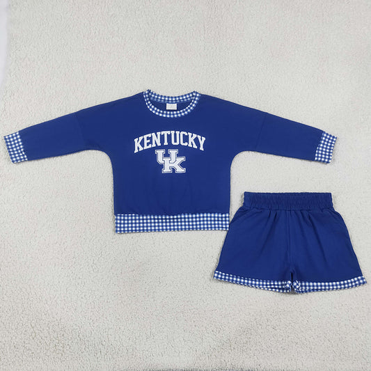 Baby Girls Clothes Vinyl Kentucky Long Sleeve Top Pockets Short Team Clothes Sets GLS0164