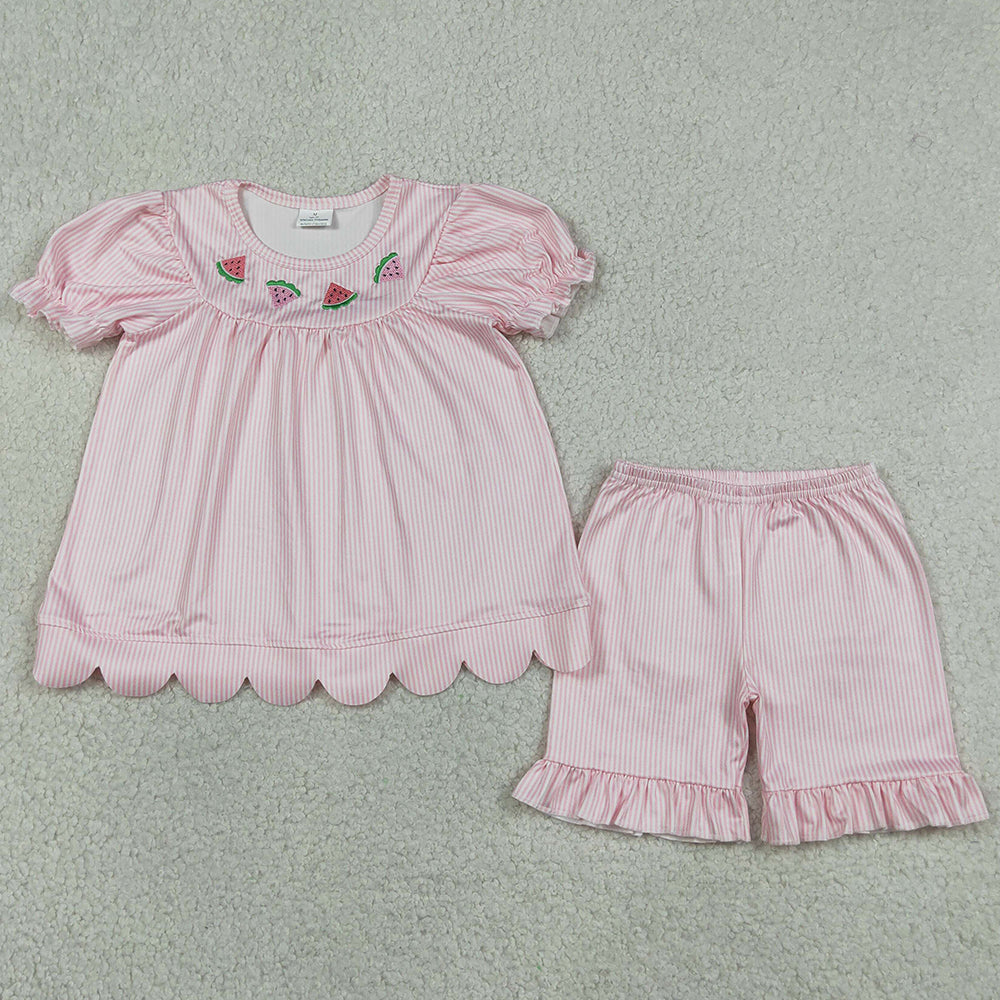 Baby Girls Clothes Embroidery Watermelons Pink Stripe Scallop Tunic Ruffle Shorts Clothes Sets GSSO3239