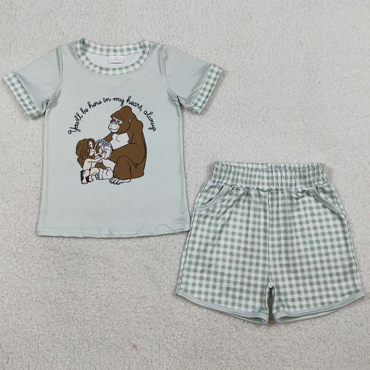 Baby Boys Clothes Cartoon Monkeys Top Checked Pockets Shorts Clothes Sets BSSO1702