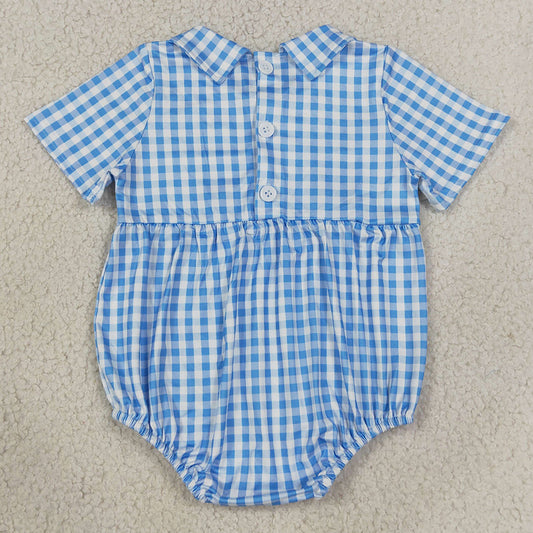 Baby Boys Rompers Smocked Baby Brother Short Sleeve Blue Checked Back Button Rompers SR4231