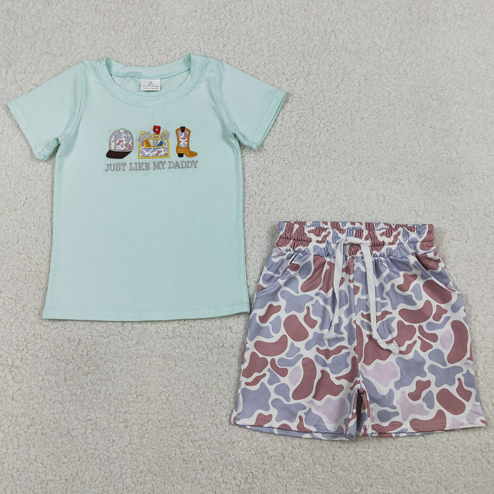 Baby Boys Clothes Embroidery Just Like My Daddy Top Camo Pockets Shorts Clothes Sets BSSO1710