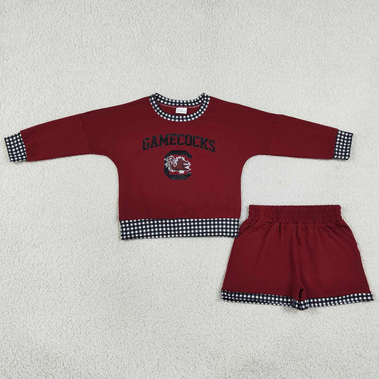 Baby Girls Clothes Vinyl Gamecocks Long Sleeve Top Pockets Short Team Clothes Set GLS0169