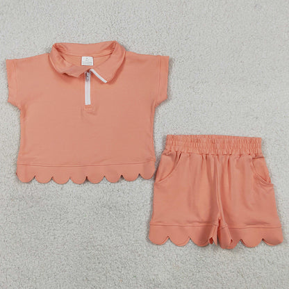 Baby Girls Clothes Peach Zipper Pullover Top Pockets Scallop Shorts Clothes Sets GSSO3374