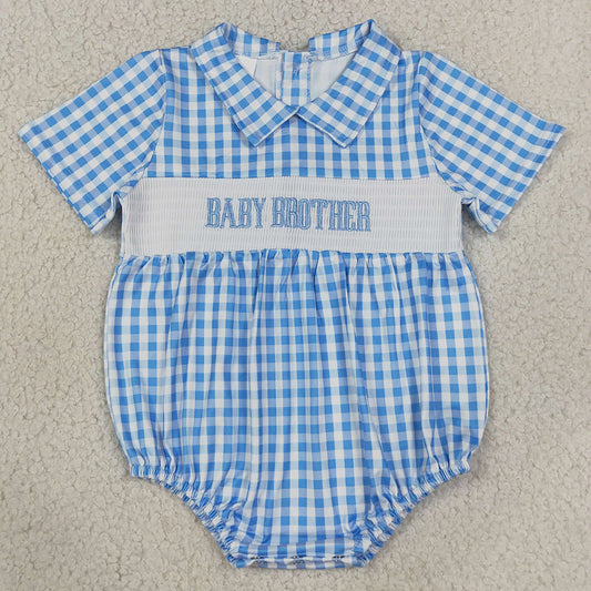 Baby Boys Rompers Smocked Baby Brother Short Sleeve Blue Checked Back Button Rompers SR4231