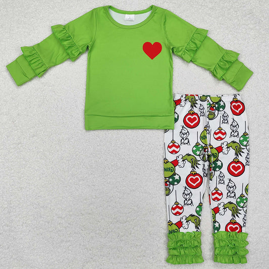 Baby Girls Clothes Green Christmas Heart Ruffle Shirt Legging Clothes Sets GLP2089