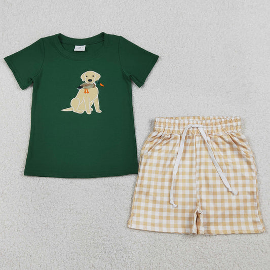 Baby Boys Clothes Embroidery Duck Dogs Top Checked Pockets Shorts Hunting Clothes Sets BSSO1636