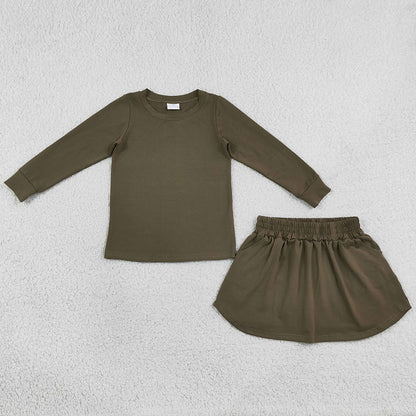 Baby Girls Olive Long Sleeve Shirt Top Pockets Skirt Short Clothes Sets GLD1698