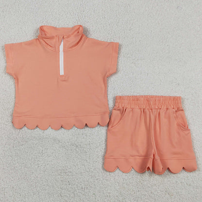Baby Girls Clothes Peach Zipper Pullover Top Pockets Scallop Shorts Clothes Sets GSSO3374