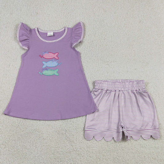 Baby Girls Clothes Embroidery Fishes Tunic Scallop Stripe Shorts Hunting Clothes Sets GSSO3242