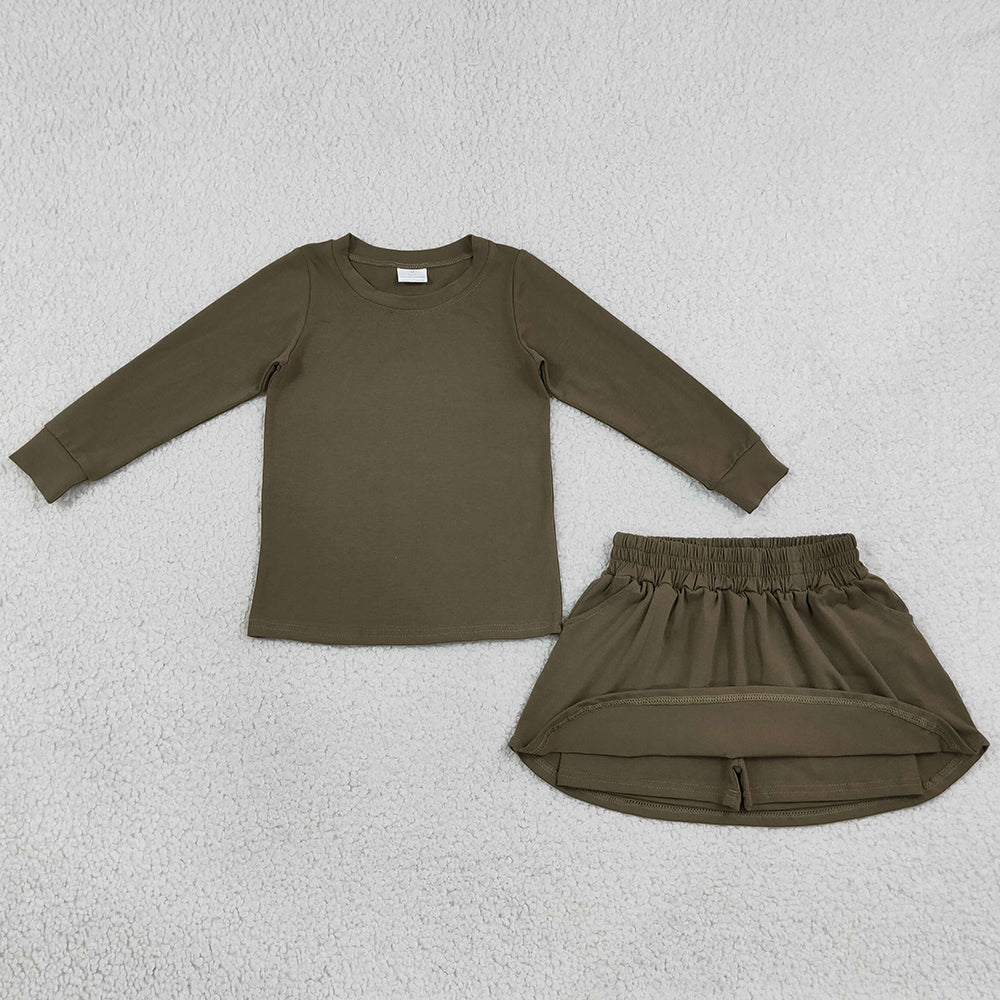 Baby Girls Olive Long Sleeve Shirt Top Pockets Skirt Short Clothes Sets GLD1698