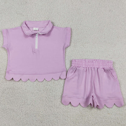 Baby Girls Clothes Zipper Pullover Top Pockets Short Scallop Checked Sets GSSO3378