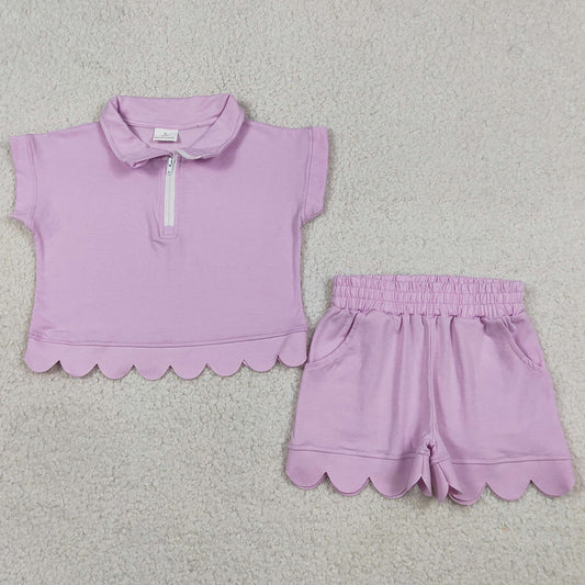 Baby Girls Clothes Zipper Pullover Top Pockets Short Scallop Checked Sets GSSO3378