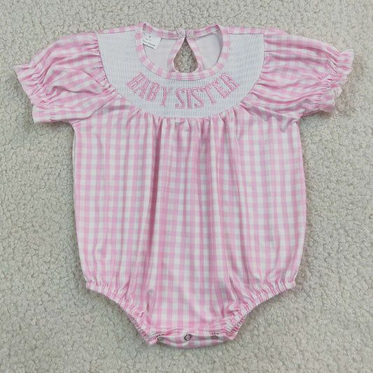 Baby Girls Clothes Smocked Baby Sister Short Sleeve Pink Checked Ruffle Rompers SR4230