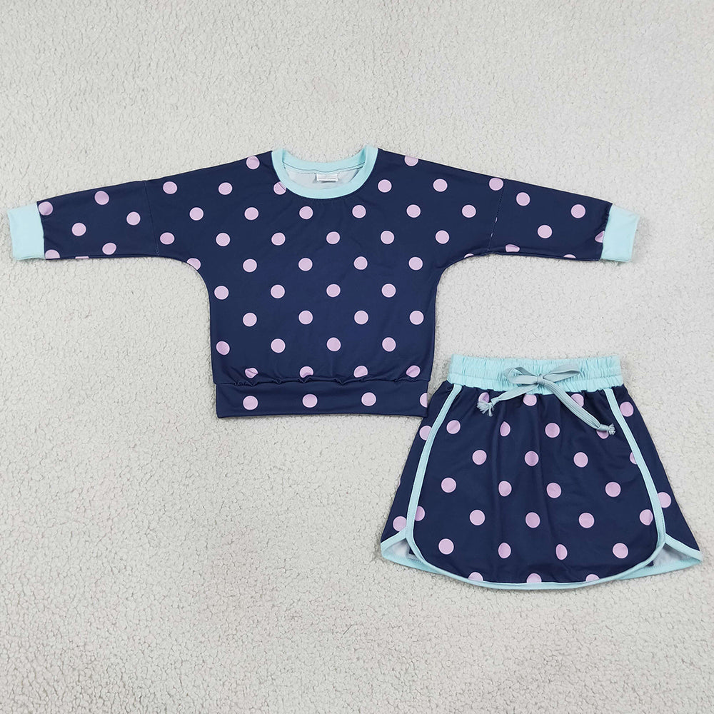 Baby Girls Navy Polka Dots Long Sleeve Shirt Top Skirt Short Clothes Set GLD1762