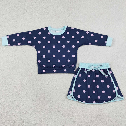 Baby Girls Navy Polka Dots Long Sleeve Shirt Top Skirt Short Clothes Set GLD1762