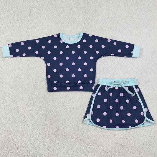 Baby Girls Navy Polka Dots Long Sleeve Shirt Top Skirt Short Clothes Set GLD1762