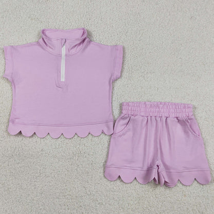 Baby Girls Clothes Zipper Pullover Top Pockets Short Scallop Checked Sets GSSO3378