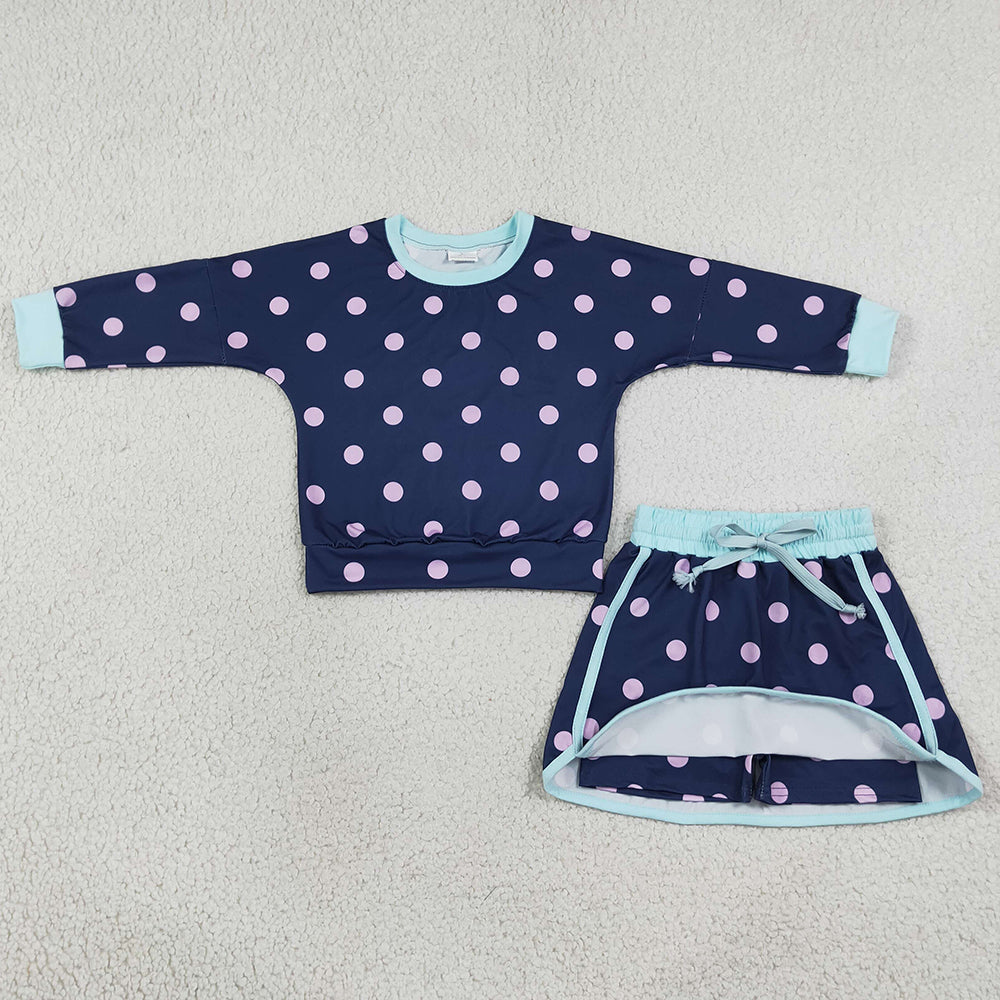 Baby Girls Navy Polka Dots Long Sleeve Shirt Top Skirt Short Clothes Set GLD1762