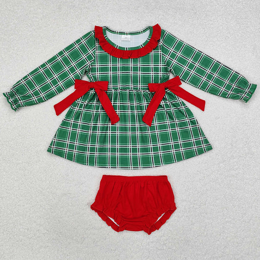 Baby Girls Clothes Green Checkered Long Sleeve Tunic Top Bummies Sets GBO0406