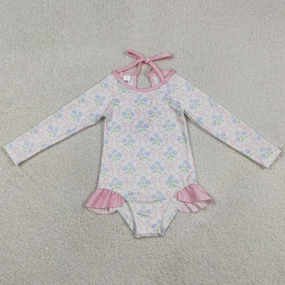 Baby Girls Swimsuits Flower Bows Checked Bummies One Piece Swimsuits S0655