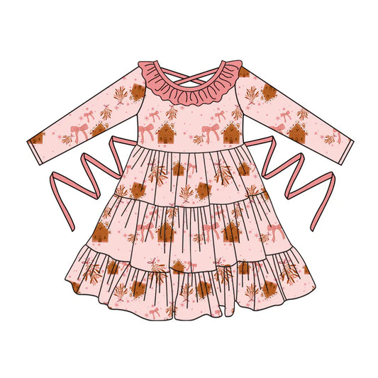 Preorder moq 5 Baby Girls Pink Long Sleeves Bows Houses With Belt Ruffle Knee Length Dresses 5.2
