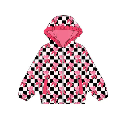 Preorder (moq 8)Baby Girls Black Checked Bows Hearts Pockets Zipper Ruffle Hoodies Jackets Top 9.8