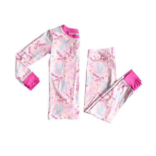 Preorder (moq 8)Baby Girls Pink Long Sleeve Love Bows Top Pants Valentine Pajamas Sets 9.9