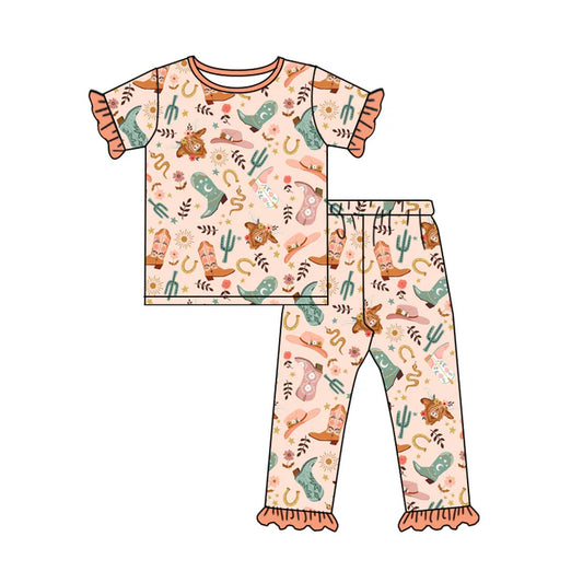 Preorder (moq 5)Baby Girls Peach Short Ruffle Sleeves Highland Cows Cactus Top Pant Pajamas Set 5.13