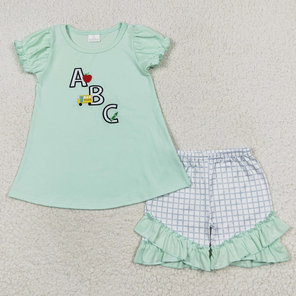 Baby Girls Clothes Green Back To School ABC Tunic Top Ruffle Shorts Clothes Sets GSSO0930