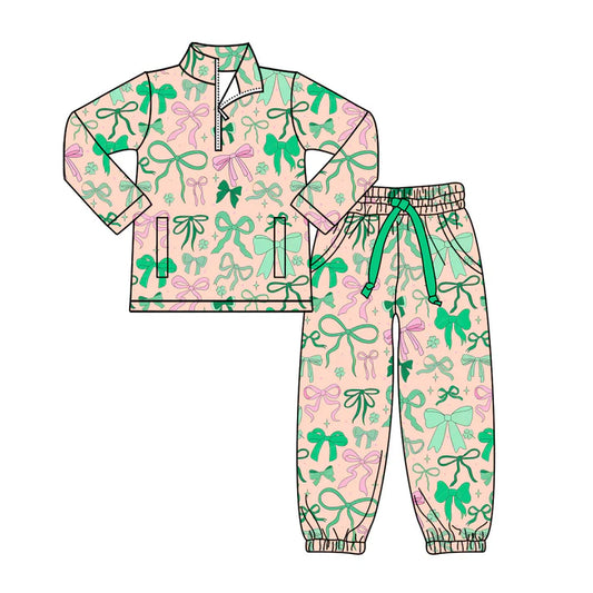 Preorder(moq 8)Baby Girls Green Pink Bows Clovers Zipper Pockets Pullovers Jogger St Patrick Clothes Set 9.29