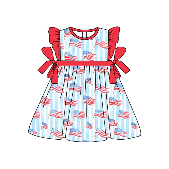 Preorder moq 5 Baby Girls Red Flutter Sleeves Flags Bows 4th Of July Knee Length Dress 4.22