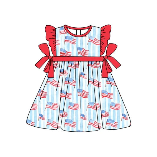 Preorder moq 5 Baby Girls Red Flutter Sleeves Flags Bows 4th Of July Knee Length Dress 4.22