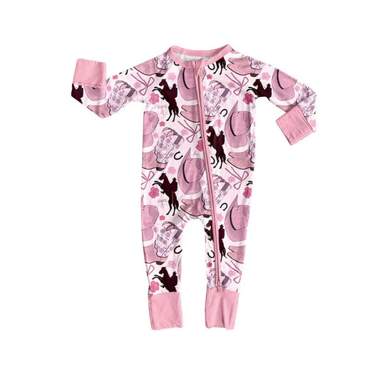 Preorder (moq 8)Baby Girls Hats Horse Rodeos Western Zipper Footie Rompers 9.11