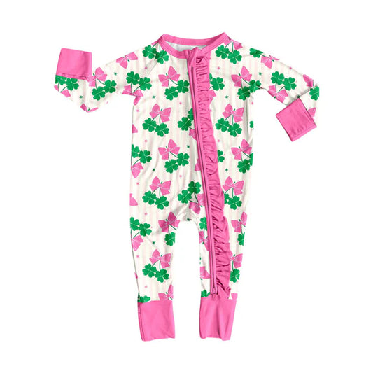 Preorder (moq 8)Baby Girls Clovers Butterfly St Patrick Ruffle Zipper Footie Rompers 9.22