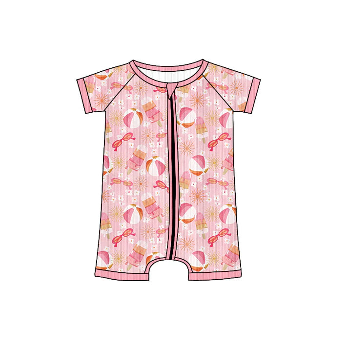 Preorder (moq 5)Baby Girls Short Sleeves Pink Glasses Beach Zipper Shorts Rompers 6.4