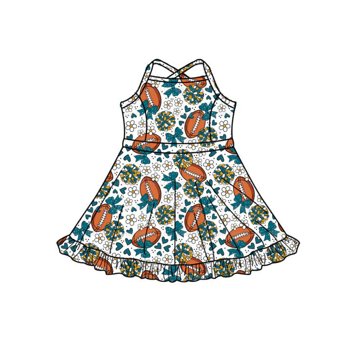 Preorder (moq 5)Baby Girls Strap Green Bow Footballs Team Shorts Ruffle Knee Length Dress 1.13