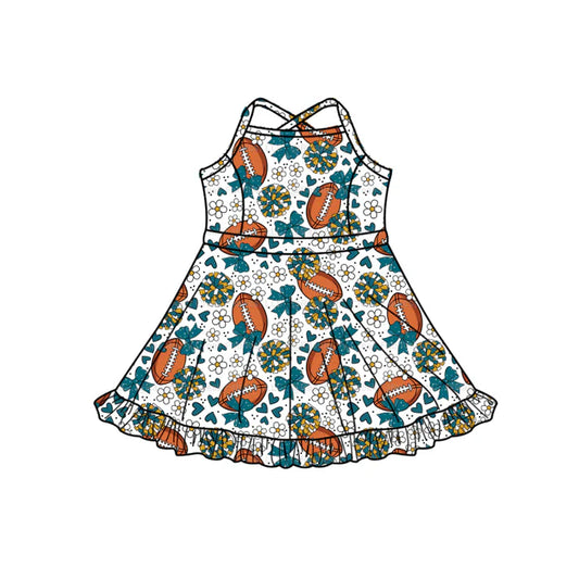 Preorder (moq 5)Baby Girls Strap Green Bow Footballs Team Shorts Ruffle Knee Length Dress 1.13