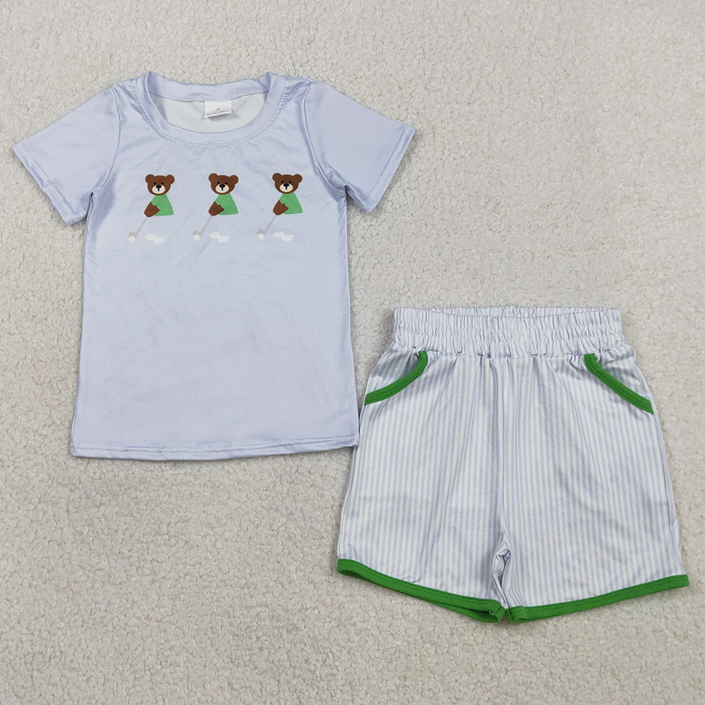 Baby Boys Clothes Blue Bears Golf Top Pockets Stripe Shorts Clothes Sets BSSO1757
