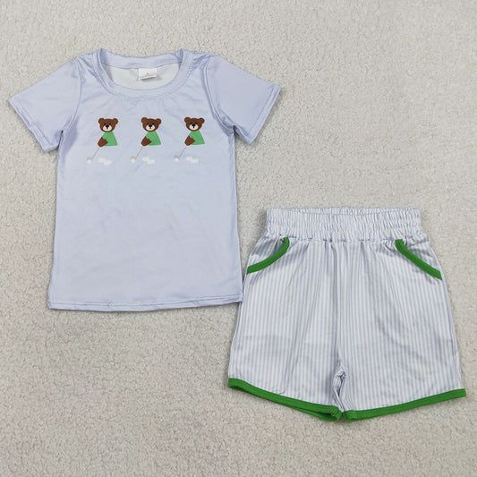 Baby Boys Clothes Blue Bears Golf Top Pockets Stripe Shorts Clothes Sets BSSO1757