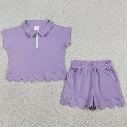 Baby Girls Clothes Lavender Zip Pullover Top Pockets Short Scallop Checked Sets GSSO3377